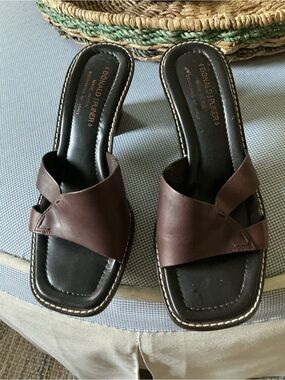 Donald J. Pliner Brown Leather Crossband Slide Mules